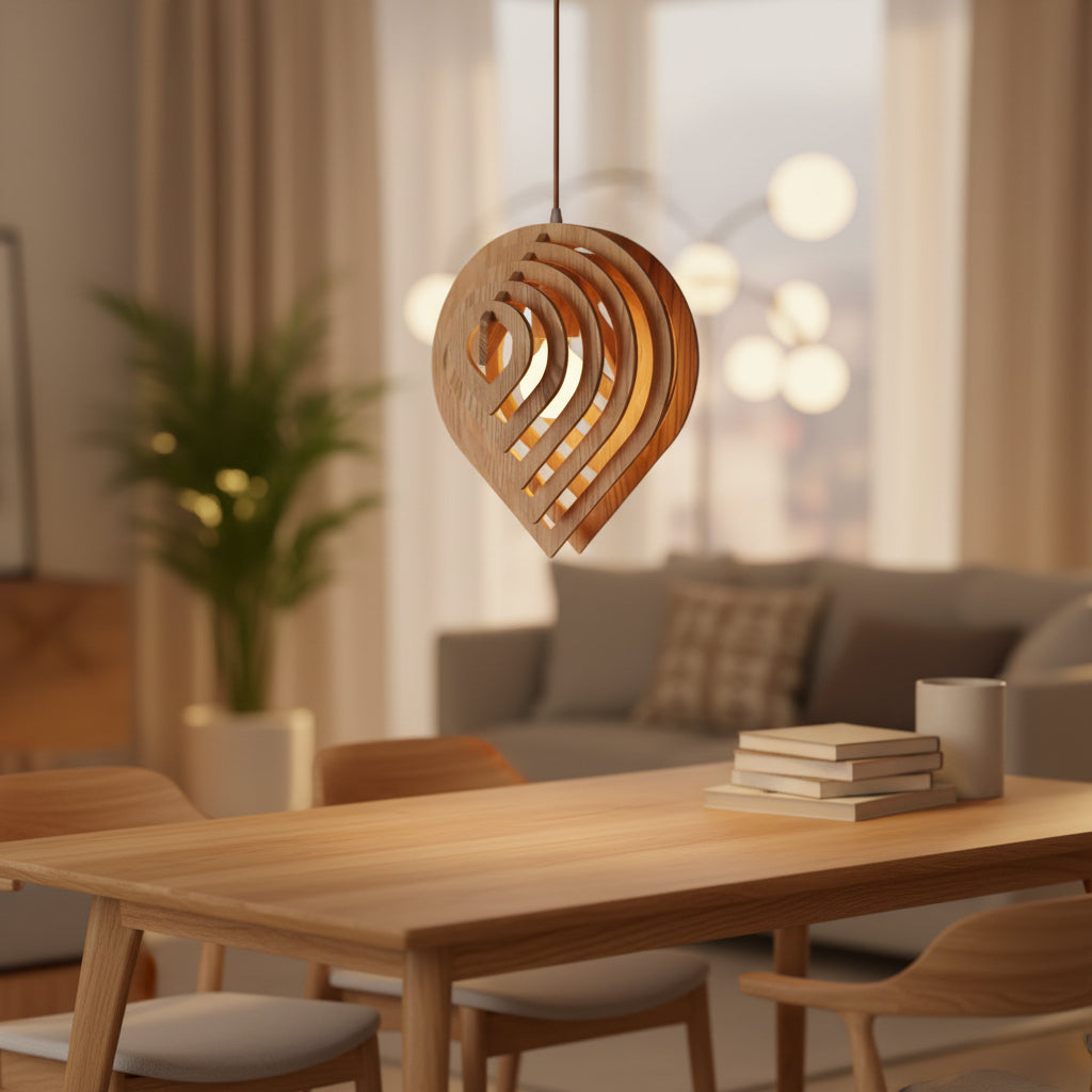 Layered wood teardrop pendant lit warm against a black background