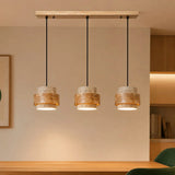 Natural travertine pendant light with wood band, three heads, dining room