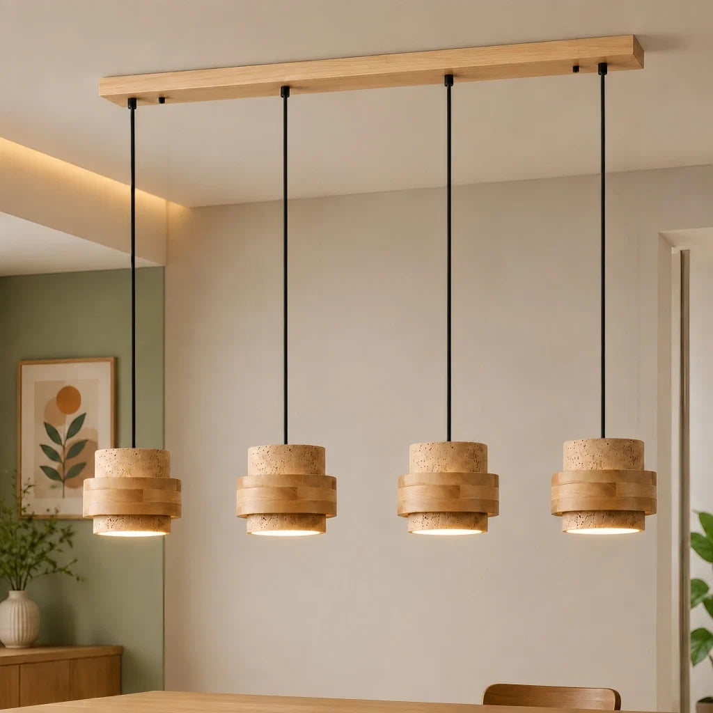 Natural travertine pendant light, four heads, dining room with green wall