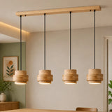 Natural travertine pendant light, four heads, dining room with green wall
