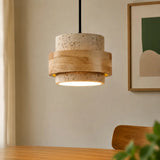Natural travertine pendant light with wood band, single head, wall detail