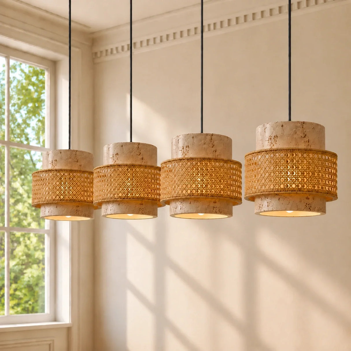 Travertine pendant light with woven rattan band, four heads, bright studio