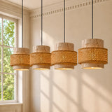 Travertine pendant light with woven rattan band, four heads, bright studio