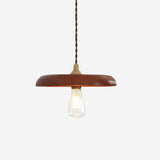 Studio view of the walnut disc pendant lit against a plain pale background