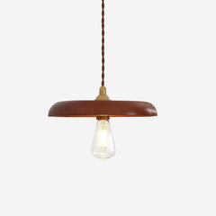 Studio view of the walnut disc pendant lit against a plain pale background