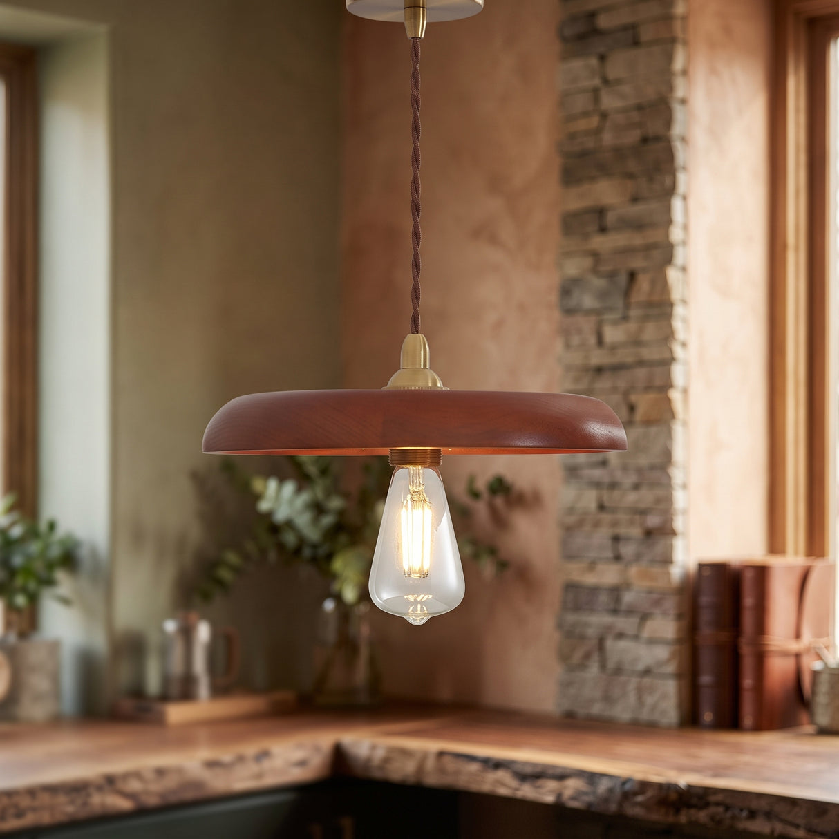 Walnut wood disc pendant light with a brass fitting and exposed filament bulb