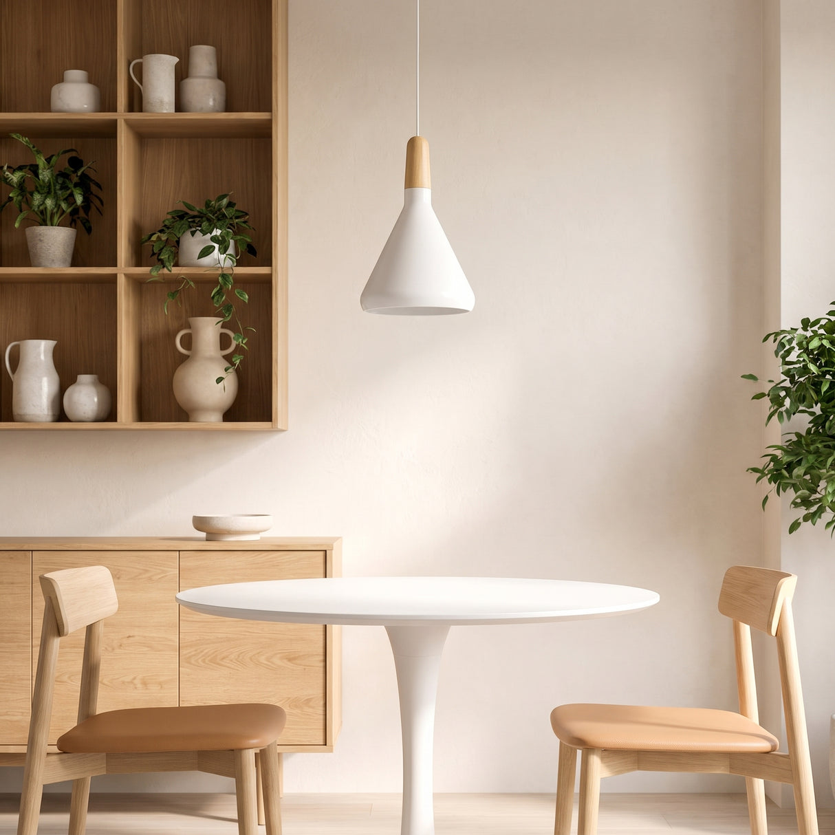 White tapered pendant with a wood top above a round table in a dining nook