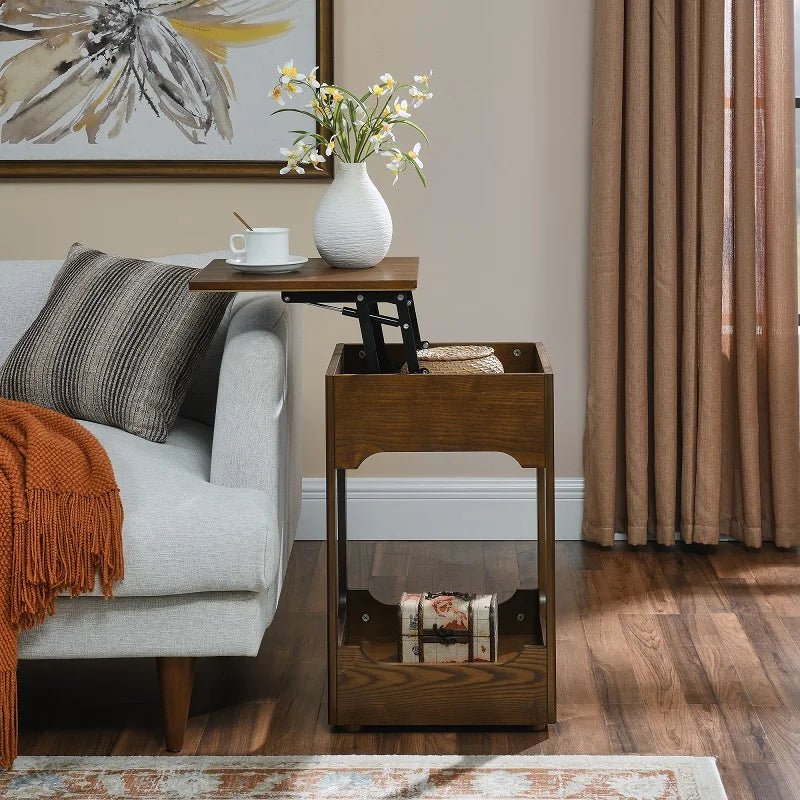 Wood Side Table - Mid Century Lift Up Storage Walnut Finish - Wooden End Table - Hurbane Home