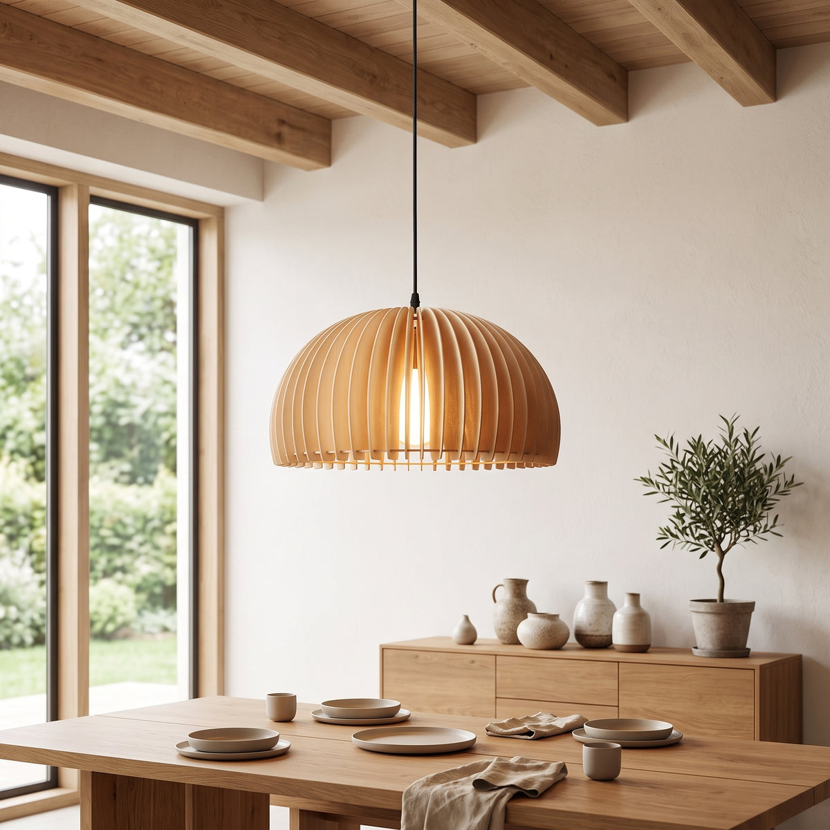 Wood slat dome pendant above a dining table under timber ceiling beams