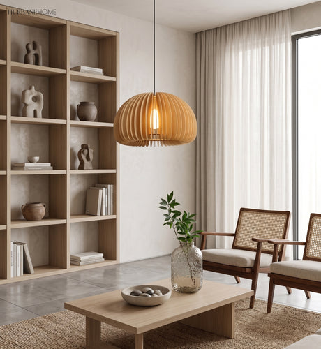Wood dome pendant hanging beside open shelving in a bright living room