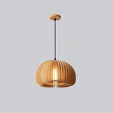 Lit wood dome pendant on a white wall above a green plant