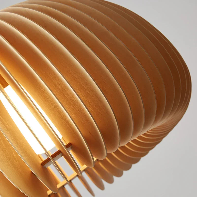 Wood slat dome pendant with its cord and matching wooden ceiling rose