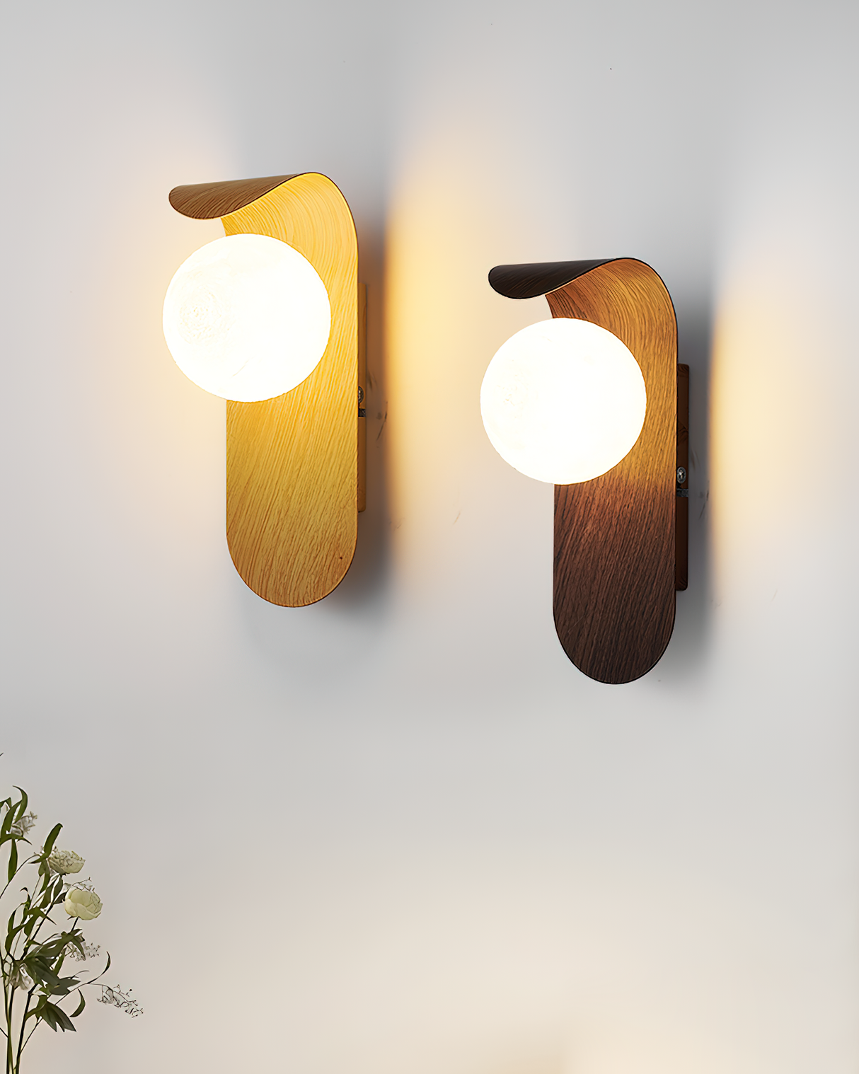 Wood tone wall sconce product render on transparent style backdrop