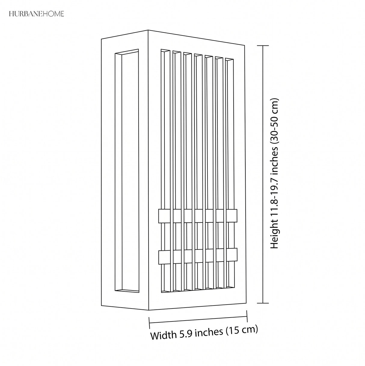 Line drawing of the wall sconce, 5.9 inch width and 11.8 to 19.7 inch height