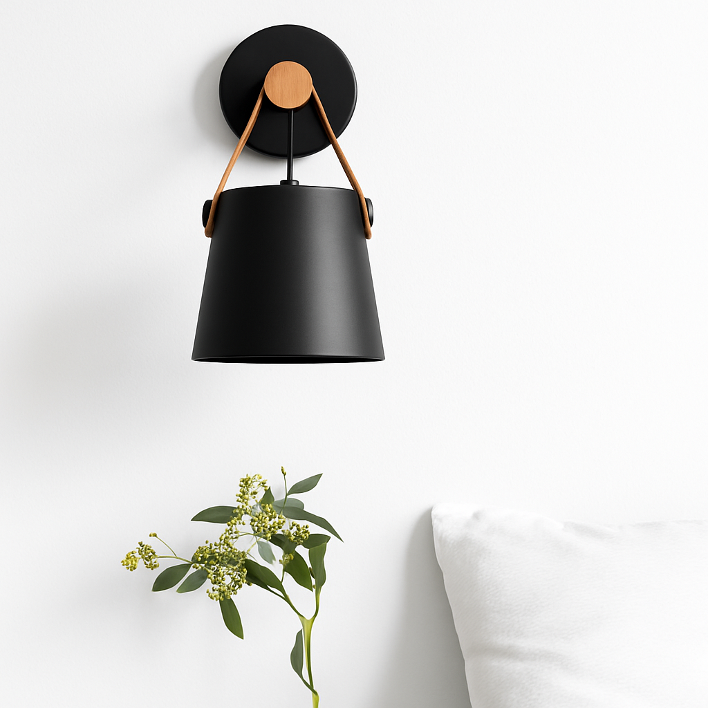 Black sconce viewed straight on against a plain white wall