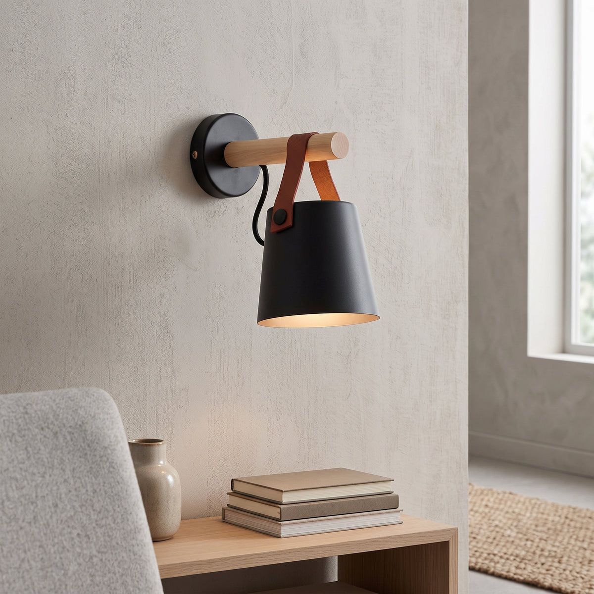 Black shade sconce on a wooden arm beside a chair and window
