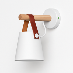 White sconce with a pale strap and wooden arm on white