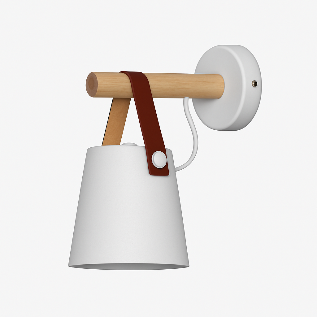 White sconce with the wooden arm and backplate shown in profile