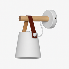 White sconce with the wooden arm and backplate shown in profile