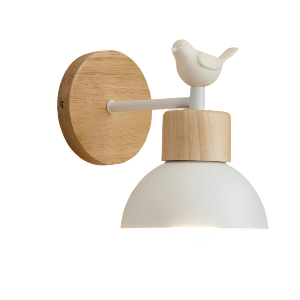 Wood sconce with a white dome and a perched bird on the arm