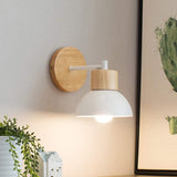 White domed wood sconce lit beside a cactus print wall