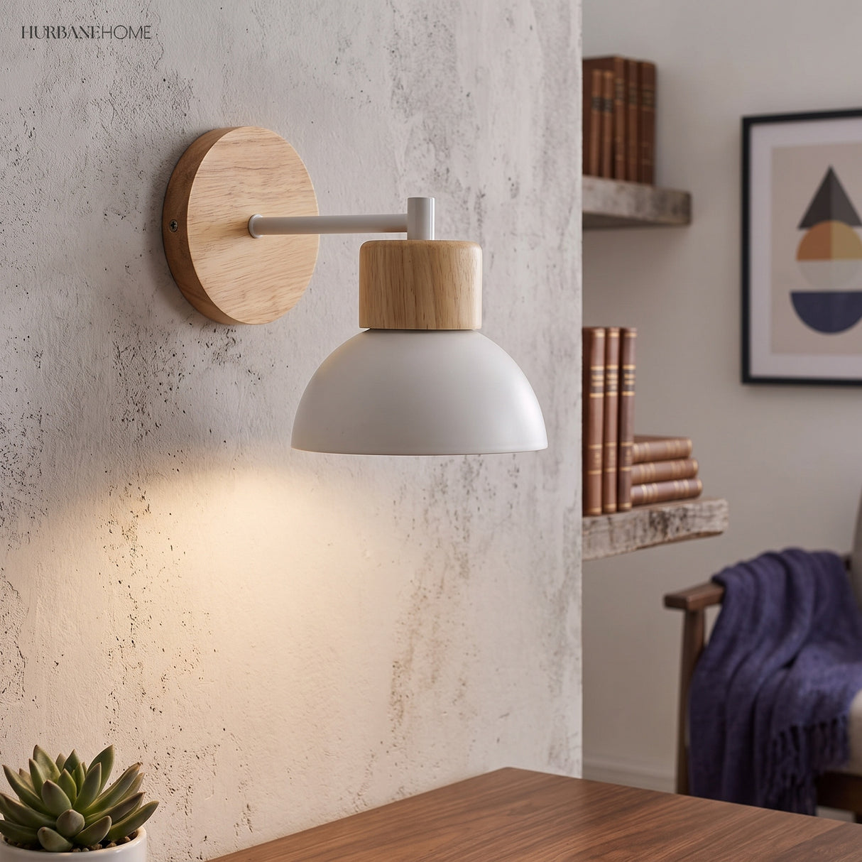 Wood wall sconce with a white dome lit above a desk and shelf