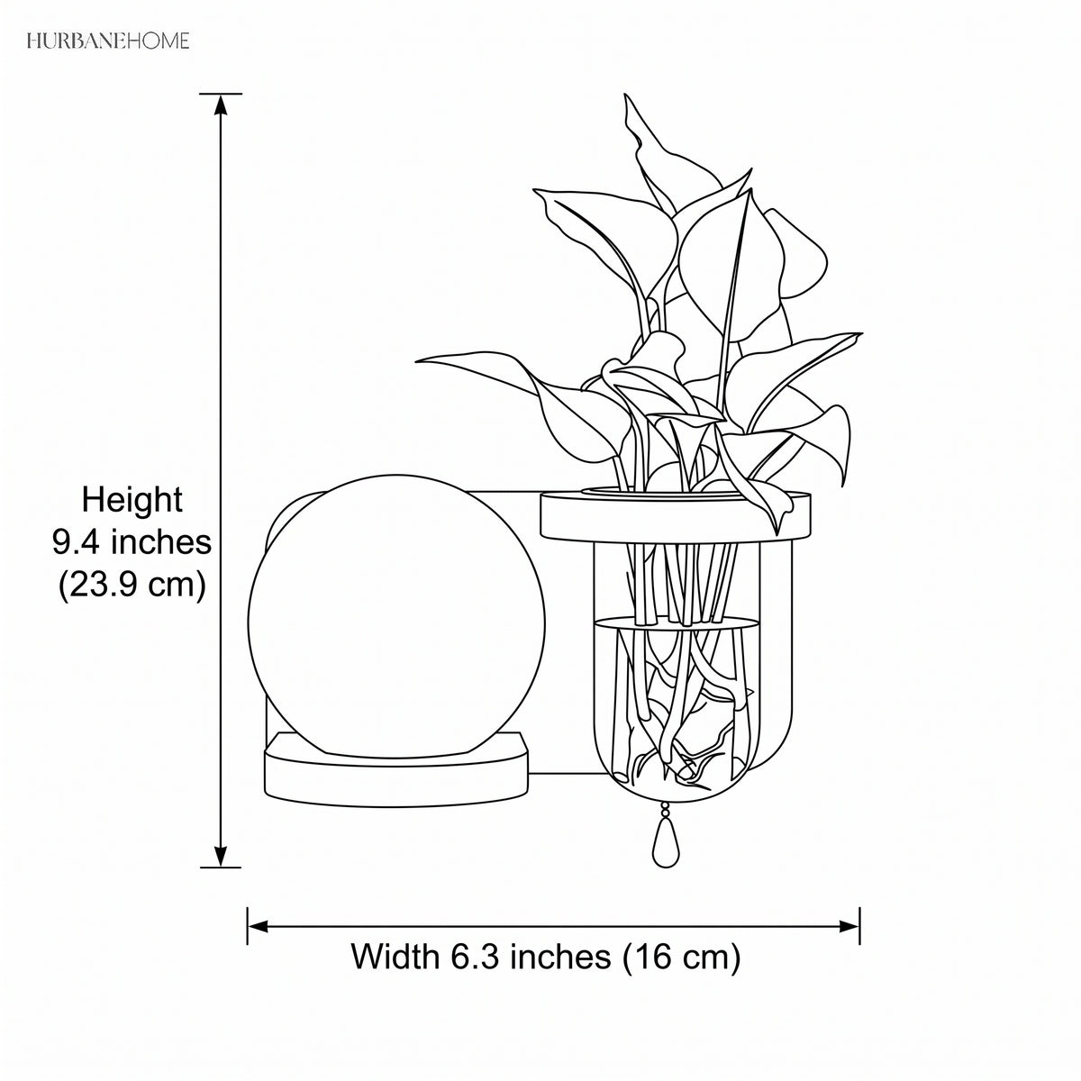 Line drawing showing 9.4 in height and 6.3 in width for the sconce