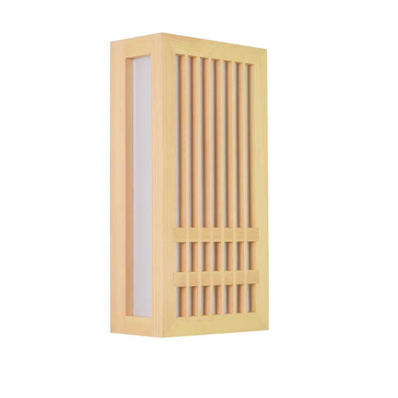 Small wood wall sconce shown unlit at an angle with its side acrylic panel