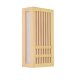 Small wood wall sconce shown unlit at an angle with its side acrylic panel