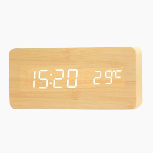Wooden alarm clock with LED display showing time and temperature