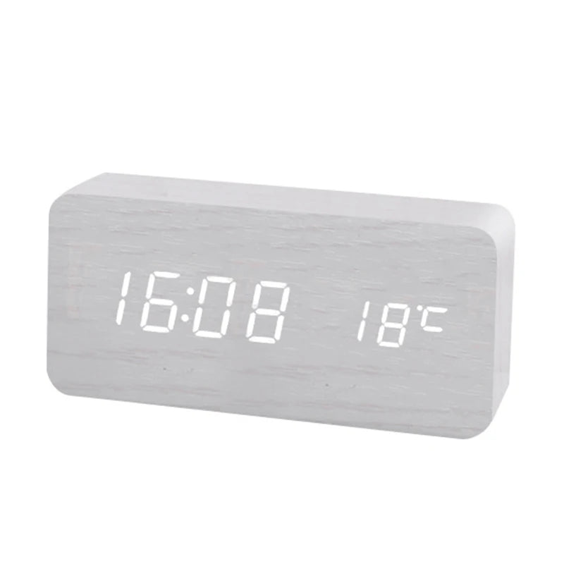 Wooden bedside alarm clock with LED screen for office use