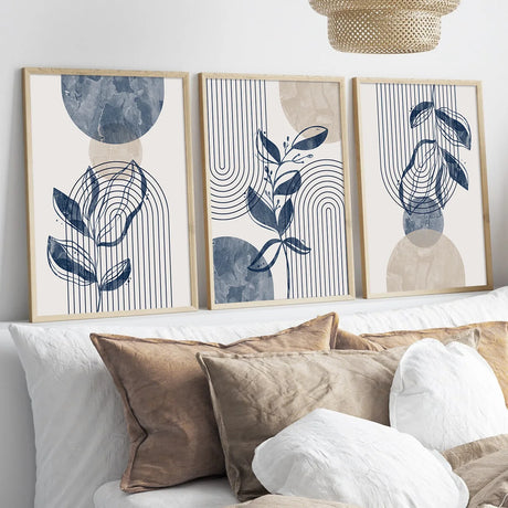 Wooden bohemian wall art with navy abstract plant design