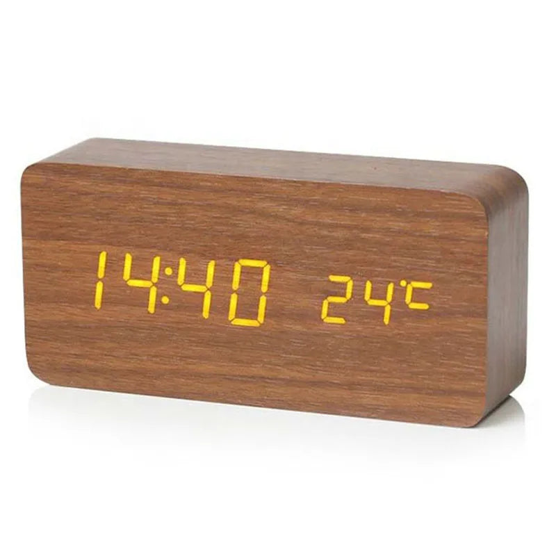 Wooden LED clock showing time, date, and indoor temperature