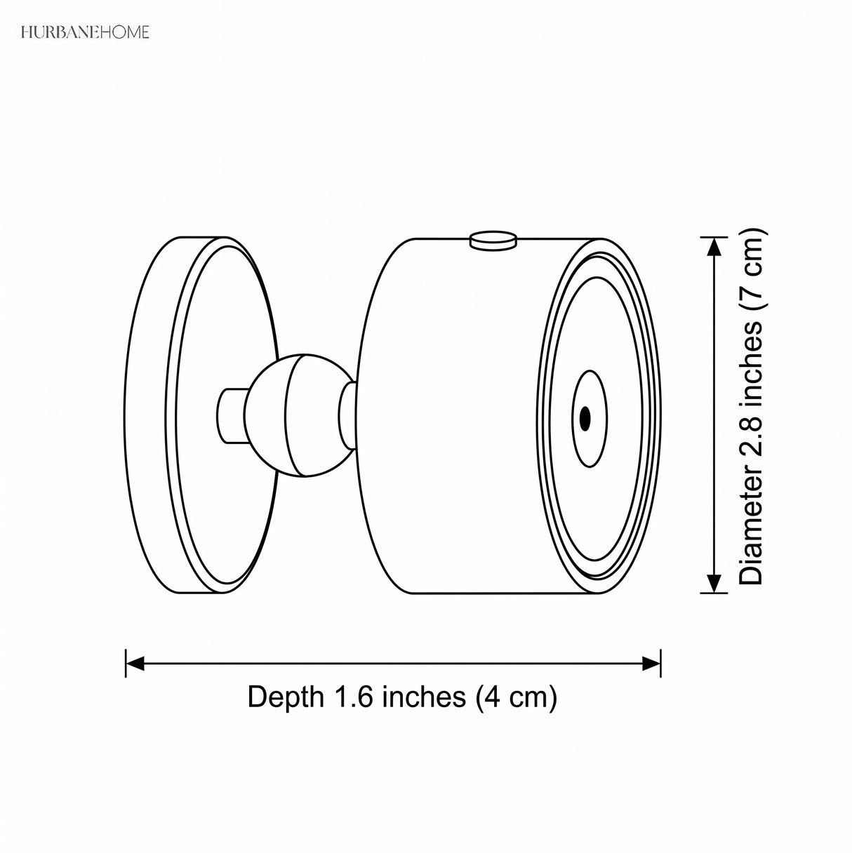 Line drawing showing sconce 2.8 inch diameter and 1.6 inch depth