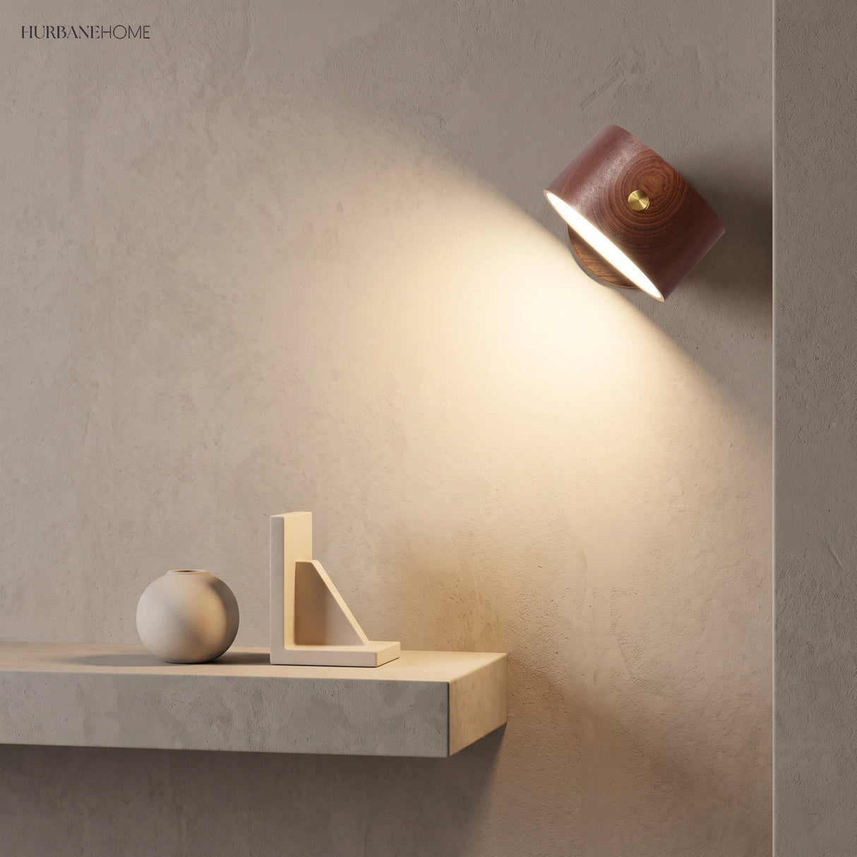 Walnut rechargeable wall sconce lighting a shelf with a warm downward glow