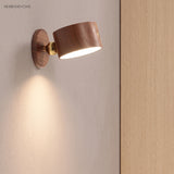Walnut LED wall sconce tilted on a brass joint beside a wooden door