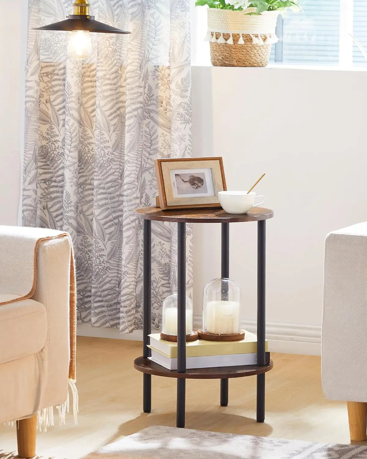 Wooden rustic side table with storage shelf beside sofa