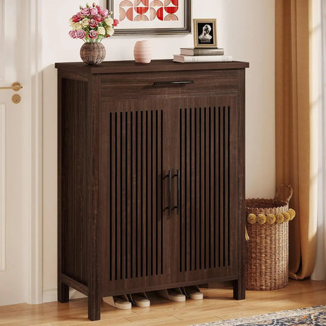 Wooden Shoe Cabinet – 5 Tier Storage with Louvered Doors Drawer - Shoe Rack Cabinet - Hurbane Home
