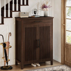 Wooden Shoe Cabinet – 5 Tier Storage with Louvered Doors Drawer - Shoe Rack Cabinet - Hurbane Home