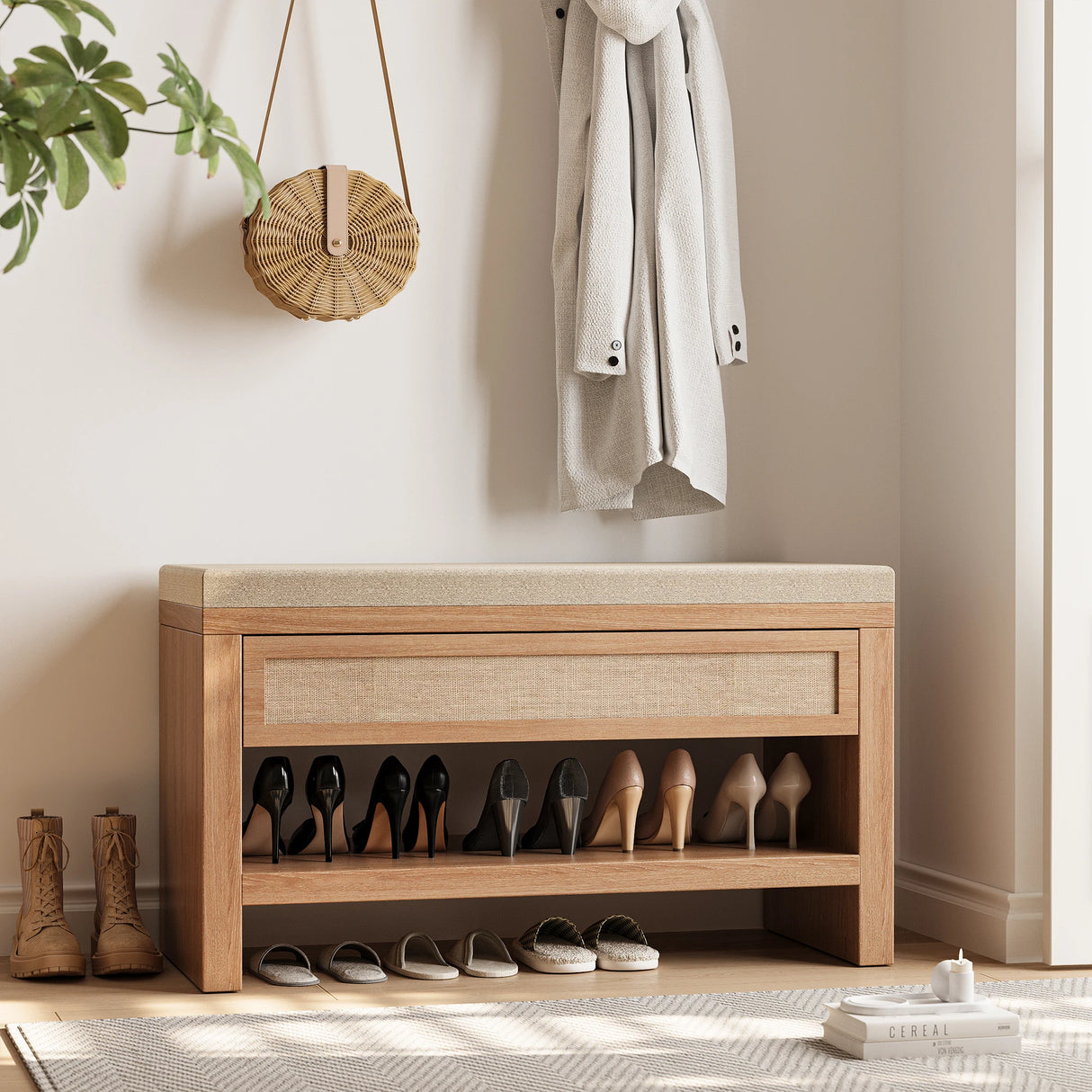 Farmhouse Entryway Bench – Rustic Shoe Bench with Drawer and Shelf.