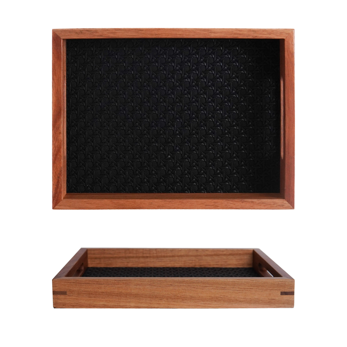 Wooden storage tray styled with keys and small décor items