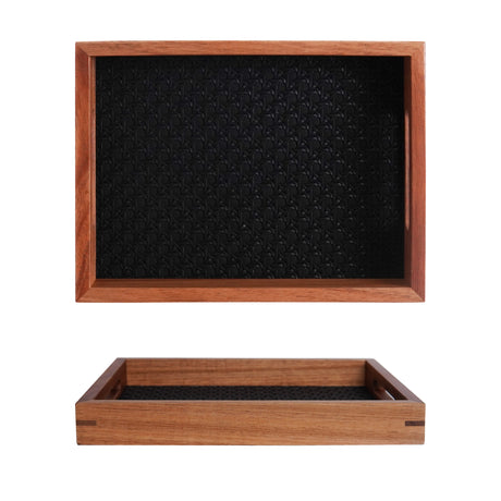 Wooden storage tray styled with keys and small décor items