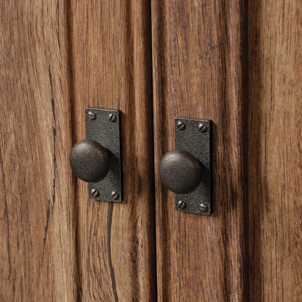 Wooden wall shelves with doors styled in rustic interior