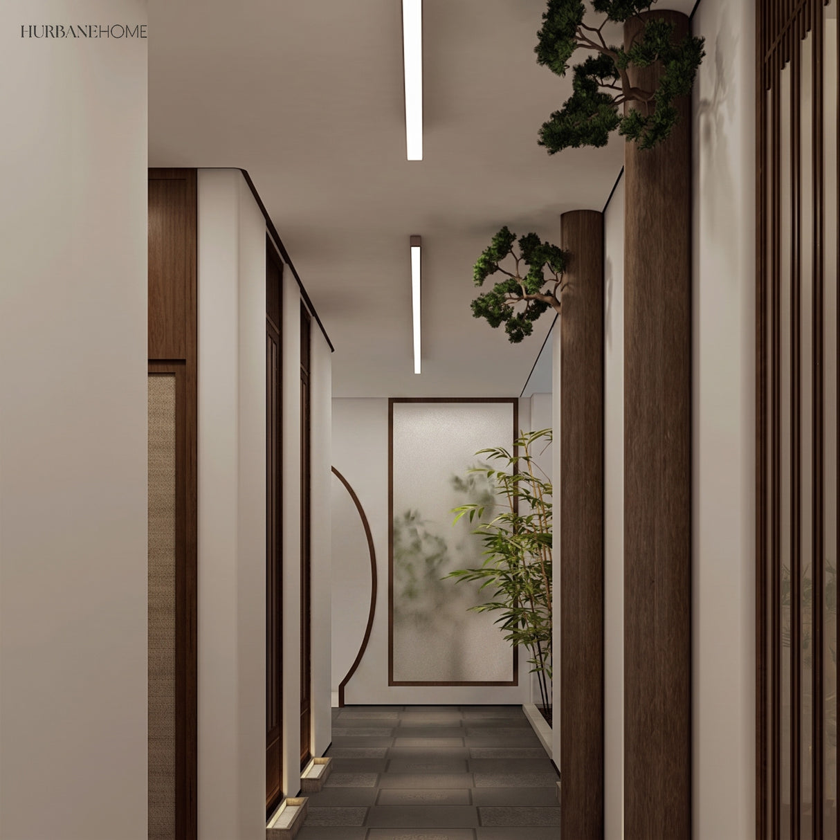Wood grain linear LED ceiling light running along a long corridor