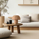 Woven table lamp base detail in natural rattan finish