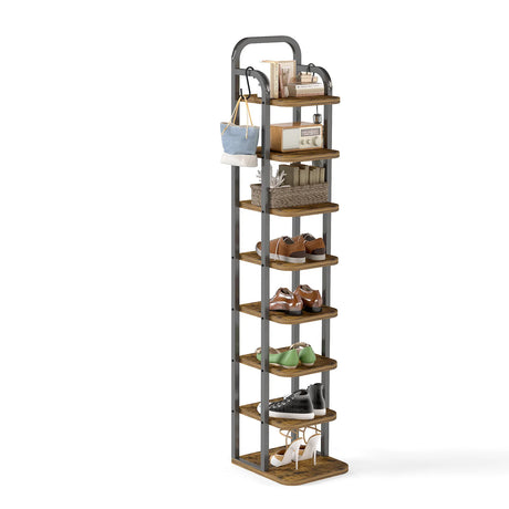 8 Tier Vertical Shoe Rack – Tall Narrow Organizer with Hooks.