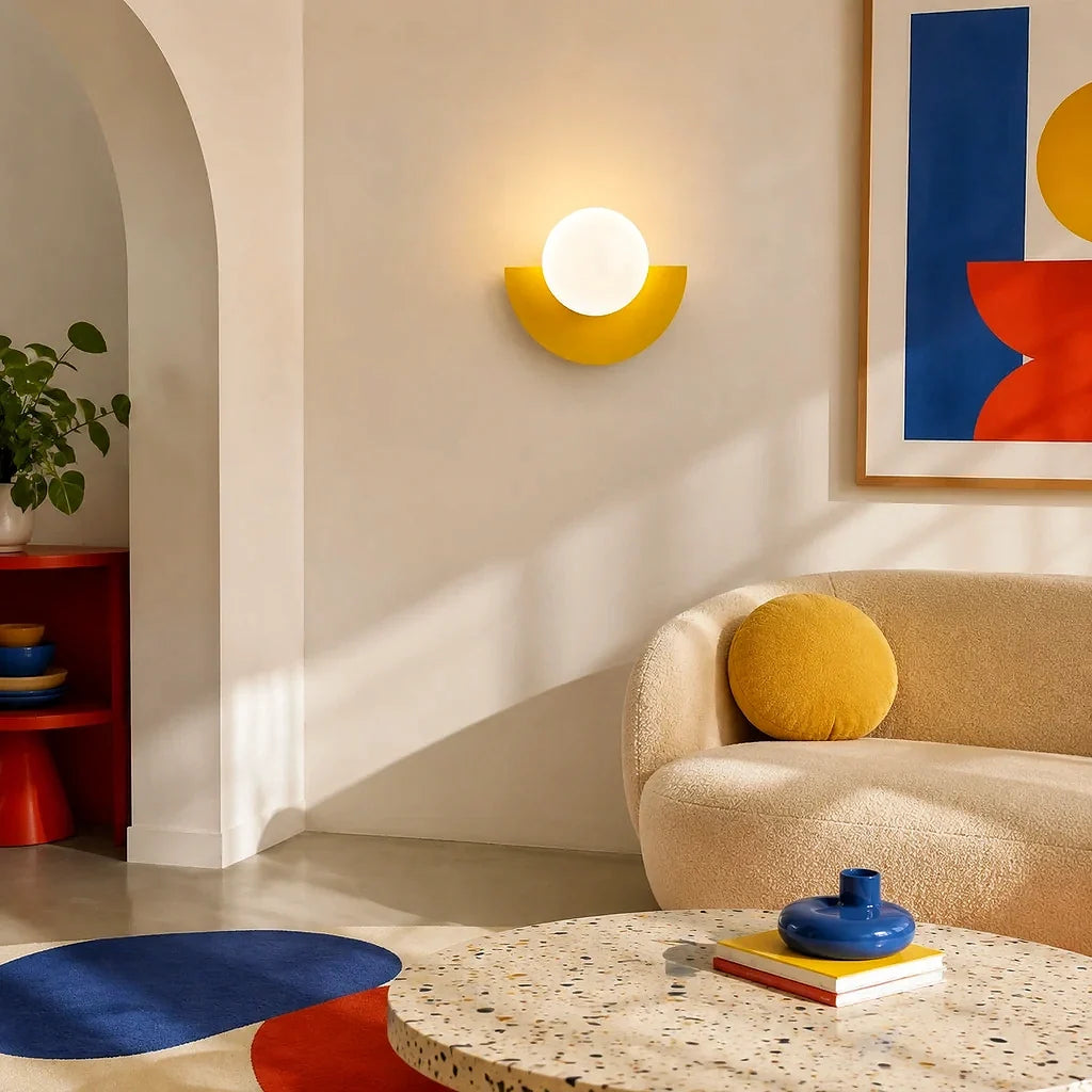 Yellow half moon wall sconce viewed from a side angle